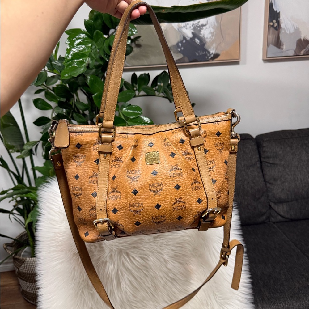 Authentic MCM Visetos Cognac Leather  2 Way Bag